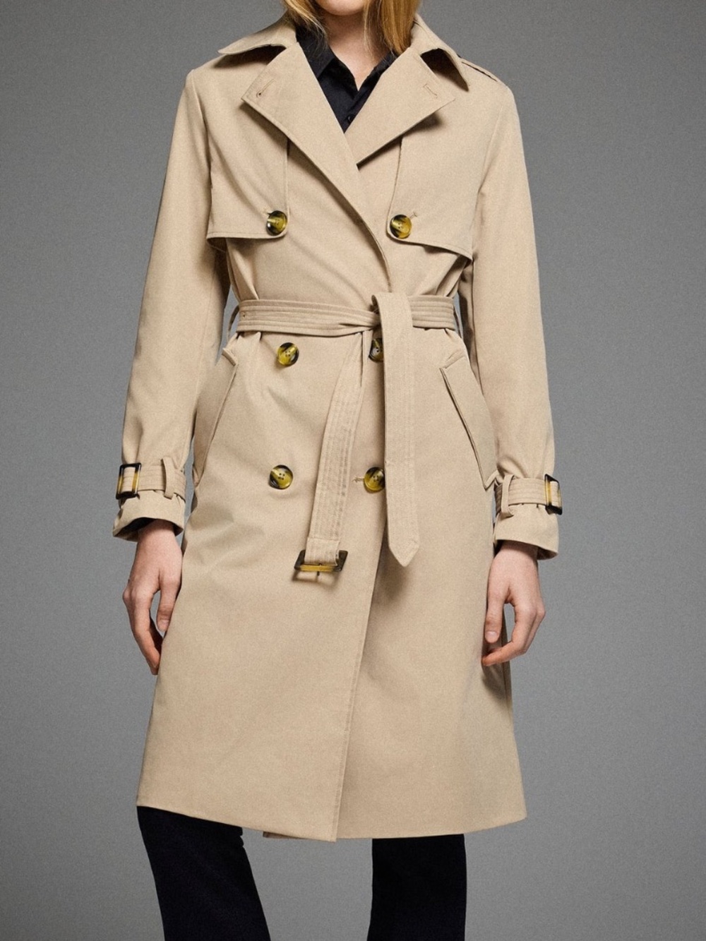 Women's Classic Beige Double-Breasted Trench Coat with Waist Tie